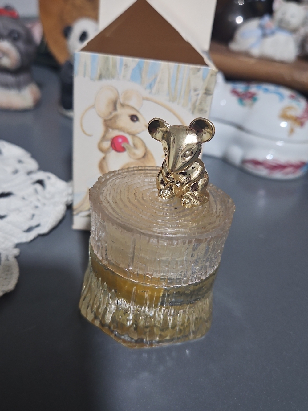 Vintage Avon Gold Mouse Cream with Clear Tree Base